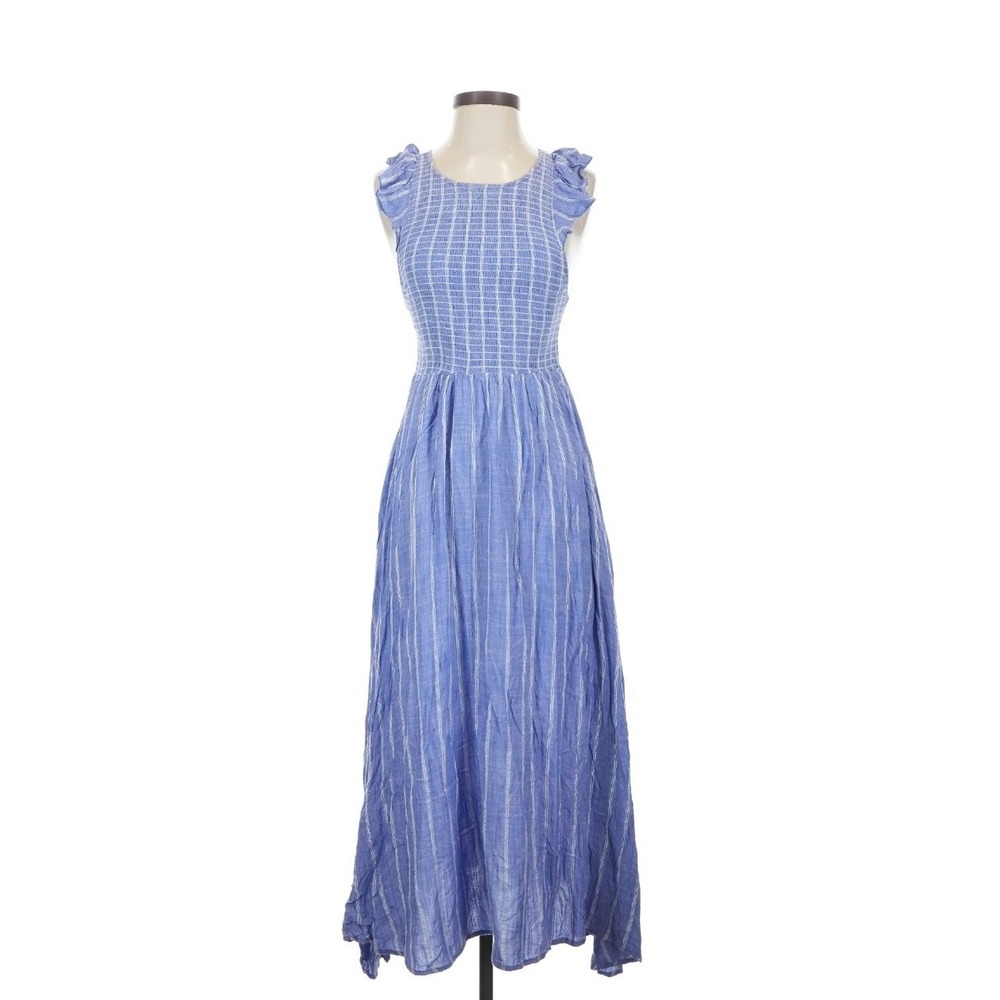 Free People Smocked Striped Maxi Dress Blue White Ruffle Sleeve Pockets XS